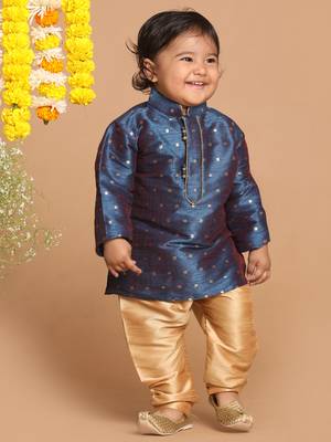 Infant  Persian Blue And Rose Gold Silk Blend Kurta Pyjama Set 2