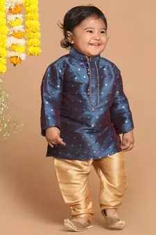 Infant  Persian Blue And Rose Gold Silk Blend Kurta Pyjama Set