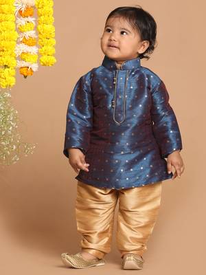 Infant  Persian Blue And Rose Gold Silk Blend Kurta Pyjama Set 3