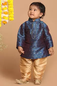 Infant  Persian Blue And Rose Gold Silk Blend Kurta Pyjama Set