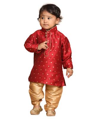 Infant  Maroon And Rose Gold Silk Blend Kurta Pyjama Set 1
