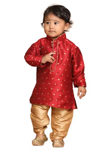 Infant Boys Maroon And Rose Gold Silk Blend Kurta Pyjama Set