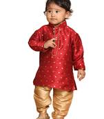 Infant Boys Maroon And Rose Gold Silk Blend Kurta Pyjama Set