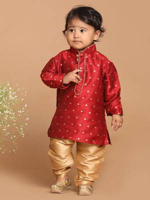 Infant  Maroon And Rose Gold Silk Blend Kurta Pyjama Set 2