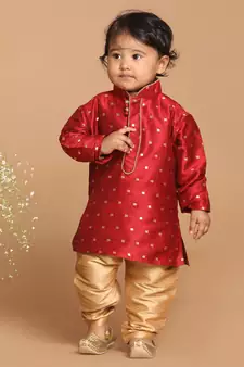 Infant  Maroon And Rose Gold Silk Blend Kurta Pyjama Set