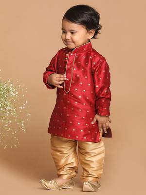 Infant  Maroon And Rose Gold Silk Blend Kurta Pyjama Set 3