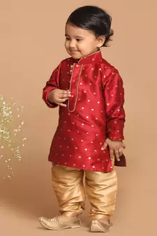 Infant  Maroon And Rose Gold Silk Blend Kurta Pyjama Set