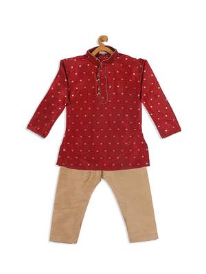Infant  Maroon And Rose Gold Silk Blend Kurta Pyjama Set 4