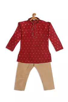 Infant  Maroon And Rose Gold Silk Blend Kurta Pyjama Set