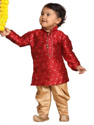 Infant  Maroon And Rose Gold Silk Blend Kurta And Dhoti Set 1