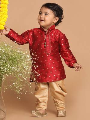 Infant  Maroon And Rose Gold Silk Blend Kurta And Dhoti Set 2