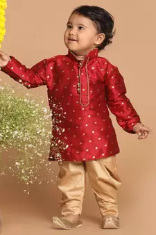 Infant  Maroon And Rose Gold Silk Blend Kurta And Dhoti Set