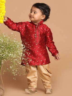 Infant  Maroon And Rose Gold Silk Blend Kurta And Dhoti Set 3