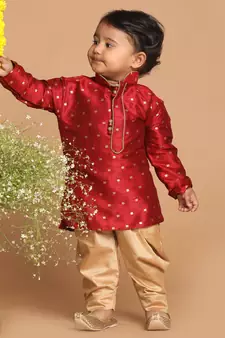 Infant  Maroon And Rose Gold Silk Blend Kurta And Dhoti Set