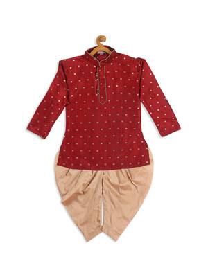 Infant  Maroon And Rose Gold Silk Blend Kurta And Dhoti Set 4