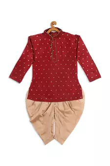 Infant  Maroon And Rose Gold Silk Blend Kurta And Dhoti Set