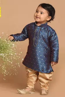 Infant  Persian Blue And Rose Gold Silk Blend Kurta And Dhoti Set
