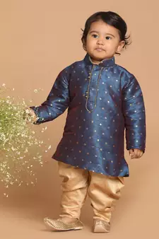 Infant  Persian Blue And Rose Gold Silk Blend Kurta And Dhoti Set