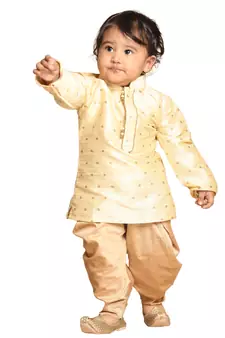  Silk Blend Printed Kids Gold Dhoti Kurta Set for Festivals