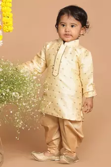  Silk Blend Printed Kids Gold Dhoti Kurta Set for Festivals