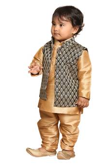 Infant Boys Black And Gold Silk Blend Nehru Jacket