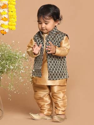 Infant  Black And Gold Silk Blend Nehru Jacket 2