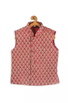Infant  Maroon And Gold Silk Blend Nehru Jacket