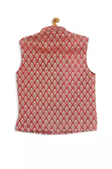 Infant  Maroon And Gold Silk Blend Nehru Jacket