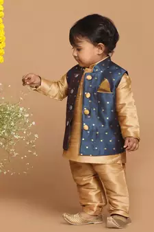 Infant  Persian Blue And Rose Gold Silk Blend Nehru Jacket