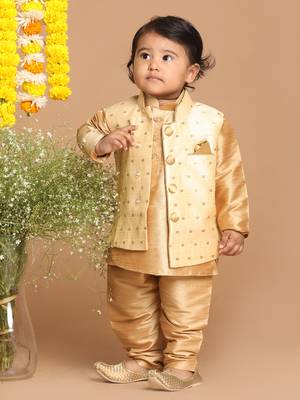  Golden Silk Blend Butti Embroidered Nehru Jacket for Kids 2