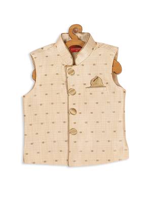  Golden Silk Blend Butti Embroidered Nehru Jacket for Kids 3