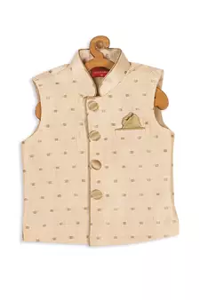  Golden Silk Blend Butti Embroidered Nehru Jacket for Kids