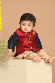 Infant  Maroon And Rose Gold Silk Blend Nehru Jacket