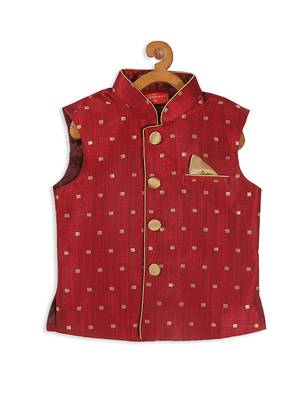 Infant  Maroon And Rose Gold Silk Blend Nehru Jacket 3