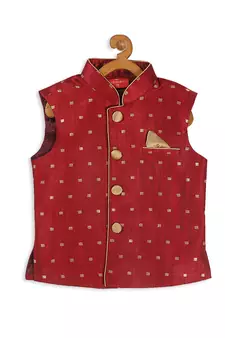 Infant  Maroon And Rose Gold Silk Blend Nehru Jacket