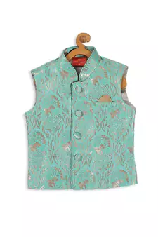 Infant  Green Silk Blend Nehru Jacket