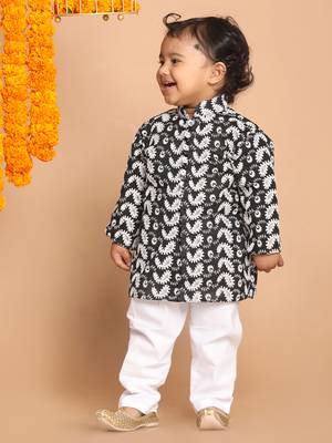 Infant  Black And White Pure Cotton Kurta Pyjama Set 2