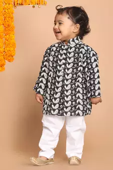 Infant  Black And White Pure Cotton Kurta Pyjama Set