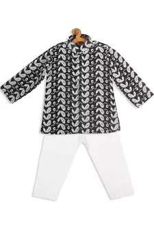 Infant  Black And White Pure Cotton Kurta Pyjama Set