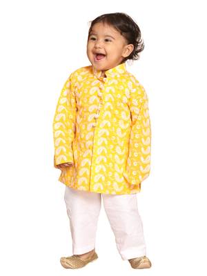 Infant  Orange And White Pure Cotton Kurta Pyjama Set 1