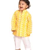 Infant  Orange And White Pure Cotton Kurta Pyjama Set