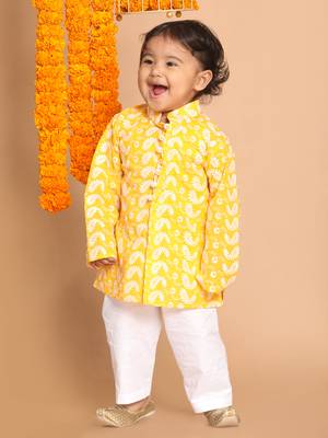 Infant  Orange And White Pure Cotton Kurta Pyjama Set 2