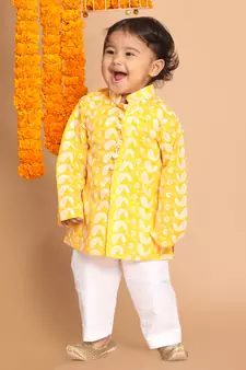 Infant  Orange And White Pure Cotton Kurta Pyjama Set