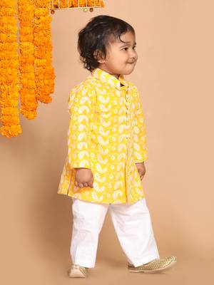 Infant  Orange And White Pure Cotton Kurta Pyjama Set 3