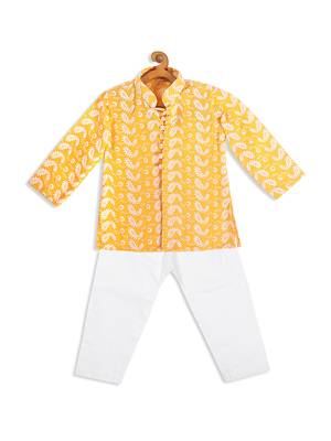 Infant  Orange And White Pure Cotton Kurta Pyjama Set 4