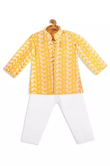 Infant  Orange And White Pure Cotton Kurta Pyjama Set
