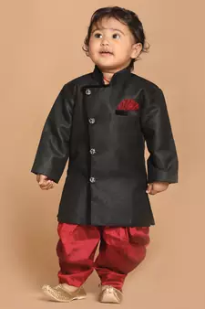 Black Woven Blended Cotton -Sherwani