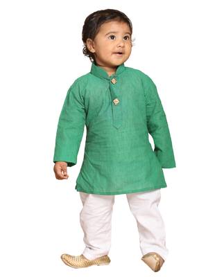 Infant  Teal Green And White Pure Cotton Kurta Pyjama Set 1