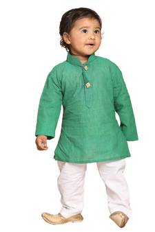 Infant Boys Teal Green And White Pure Cotton Kurta Pyjama Set