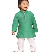 Infant  Teal Green And White Pure Cotton Kurta Pyjama Set